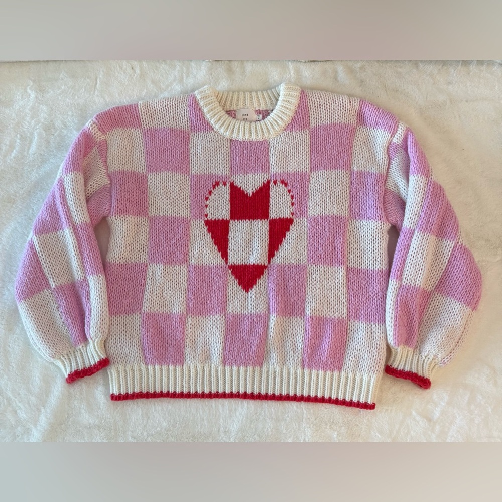 Luna Ivy Pink & White Crochet Checkered & Heart Sweater, Puff Sleeves, Cozy Soft - Picture 15 of 15